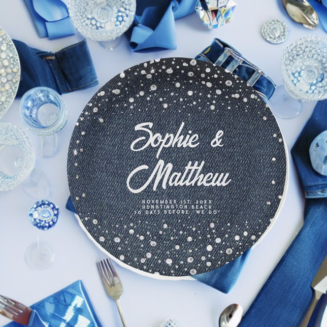 Denim Diamonds Pearls Blue Couple Polterabend Pappteller (denim and pearls couple wedding shower custom paper plate blue jeans white rustic western country )