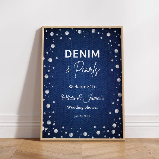 Denim Diamonds Pearls Blue Couple's Dusche Willkom Poster (Denim Diamonds Pearls Blue Couple's Shower Welcome Sign )