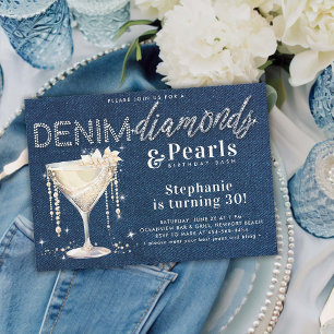 Denim Diamonds Pearls Champagne Blue Chic Geburtst Einladung