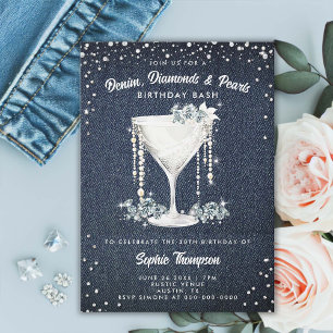 Denim Diamonds Pearls Champagne Cup Geburtstagspar Einladung