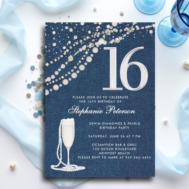 Denim Diamonds Pearls Champagne  ElegantSweet 16 Einladung (sweet 16 sixteen invitation denim diamonds pearls blue white champagne bling elegant classy photo)