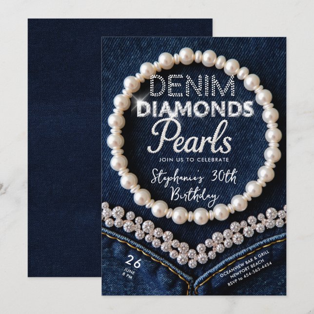 Denim Diamonds Pearls Chic Classy Moderne Geburtst Einladung (Vorne/Hinten)