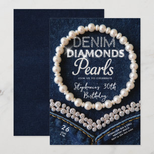 Denim Diamonds Pearls Chic Classy Moderne Geburtst Einladung