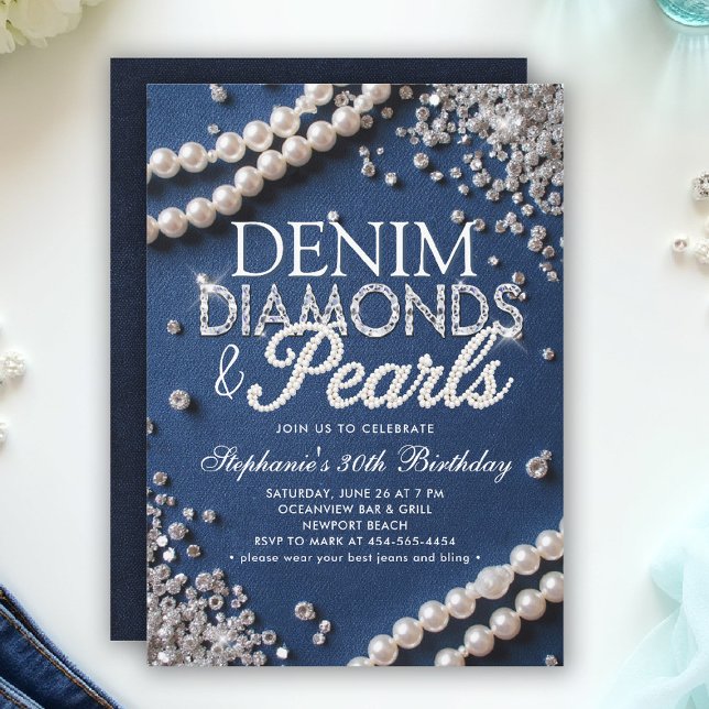Denim Diamonds Pearls Chic Classy Stilvolle Geburt Einladung (denim diamonds and pearls party ideas modern classy elegant blue white invites diy invites templates)
