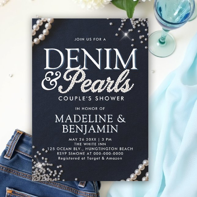 Denim Diamonds Pearls Elegant Blue Couple Shower Einladung (denim and pearls couple wedding shower invitation coed jack jill blue white elegant modern trendy)
