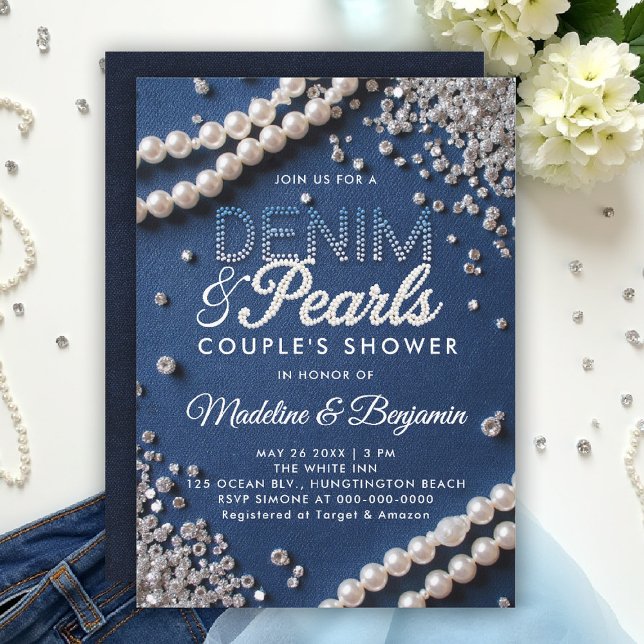 Denim Diamonds Pearls Elegante Moderne Dusche Einladung (denim and pearls couple wedding shower invitation coed jack jill blue white elegant modern classy )