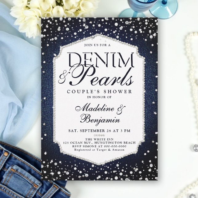 Denim Diamonds Pearls Eleganter Frame Polterabend Einladung (denim and pearls couple wedding shower invitation coed jack jill blue white elegant classy frame)
