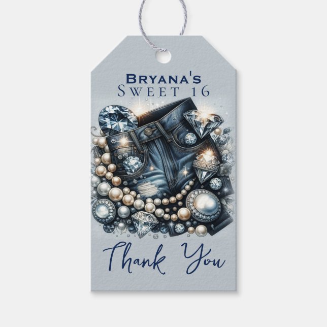 Denim Diamonds & Pearls Jeans Bling Birthday Party Geschenkanhänger (Vorderseite)
