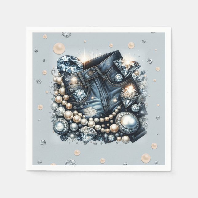 Denim Diamonds & Pearls Jeans Bling Birthday Party Serviette (Vorderseite)