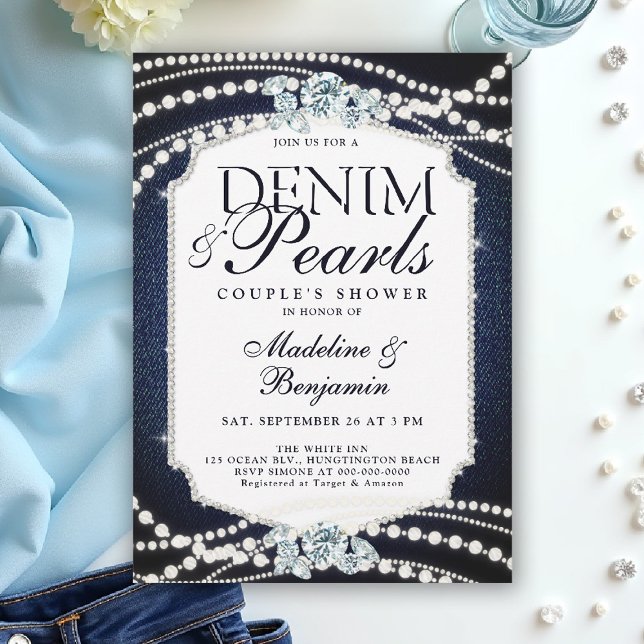 Denim Diamonds Pearls Stilvoller Frame Polterabend Einladung (denim and pearls couple wedding shower invitation coed jack jill blue white elegant modern frame)