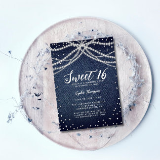 Denim Diamonds Pearls Sweet 16 Chic Birthday Party Einladung