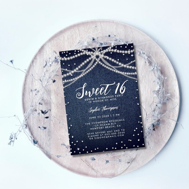 Denim Diamonds Pearls Sweet 16 Chic Birthday Party Einladung (Von Creator hochgeladen)
