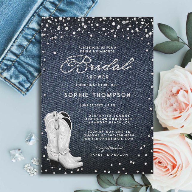 Denim Diamonds Pearls Western Boots Brautparty Einladung (denim and diamonds pearls bridal shower invitation white cowgirl boots western country elegant class)