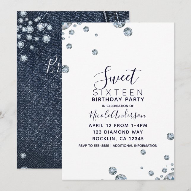Denim & Diamonds Pocket Birthday Sweet 16 Party Einladung (Vorne/Hinten)