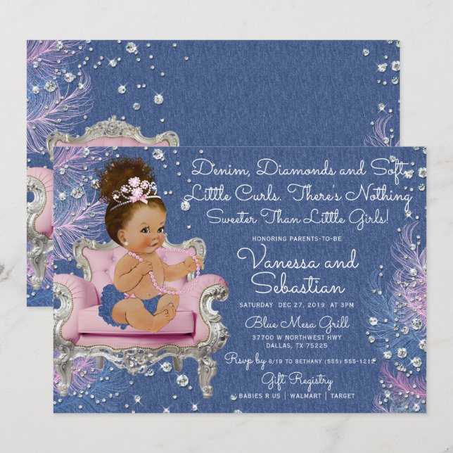 Denim & Diamonds Princess Pink and Silver Einladung (Vorne/Hinten)