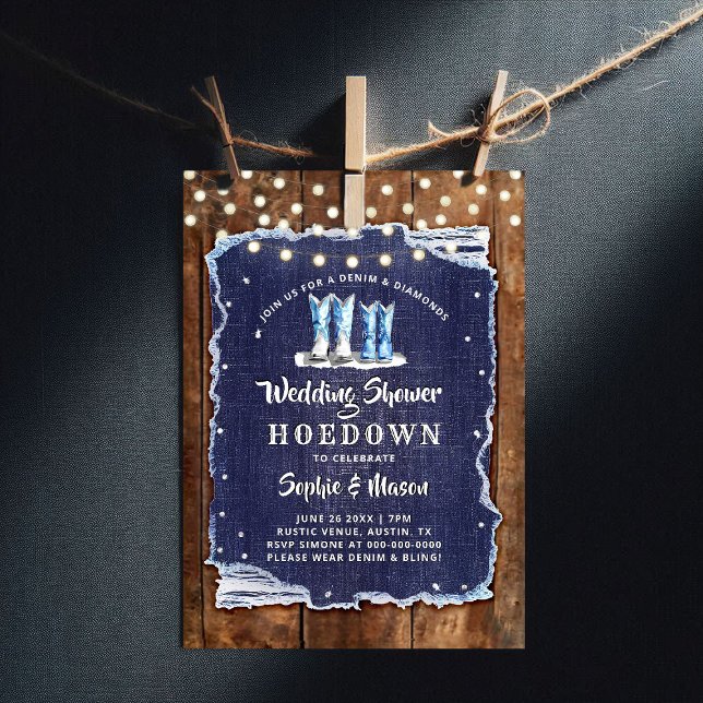 Denim Diamonds Rustic Cowboy Wedding Brautparty Einladung (denim and diamonds bridal wedding shower invitation rustic wood board lights hoedown white blue)