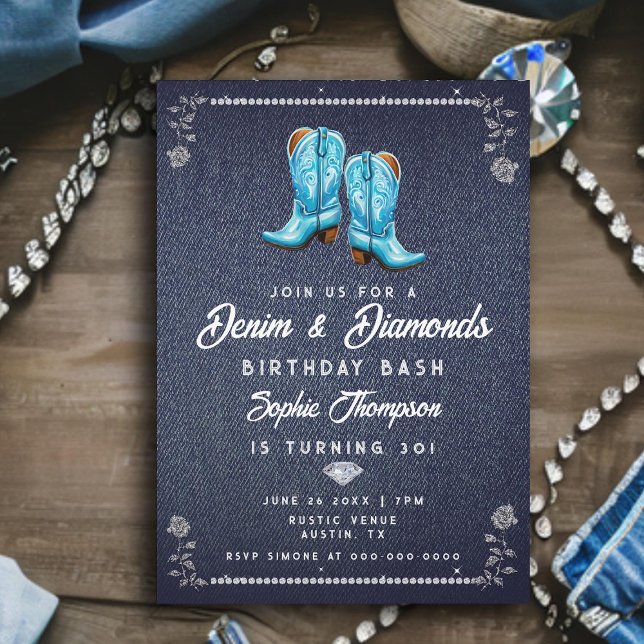 Denim Diamonds Rustic Cowgirl Boots Birthday Party Einladung (denim diamonds birthday party for women rustic glam blue cowgirl boots elegant classy bling roses)
