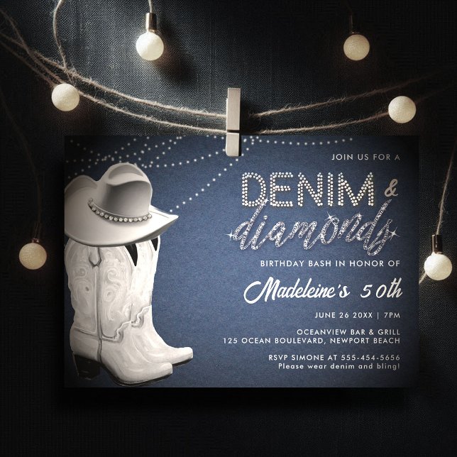 Denim Diamonds Rustic Glam Hat stimuliert 50. Gebu Einladung (denim diamonds 50th birthday invitation for women elegant classy rustic glam cowgirl boots hat bling)