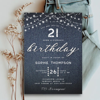 Denim Diamonds Rustic Lights 21. Geburtstag Einladung