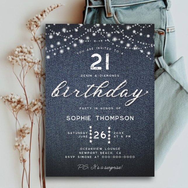 Denim Diamonds Rustic Lights 21. Geburtstag Einladung (RUSTIC LIGHTS 21ST BIRTHDAY INVITATION FOR WOMEN ELEGANT RHINESTONES CALLIGRAPHY BOHO GLITTER MODERN)