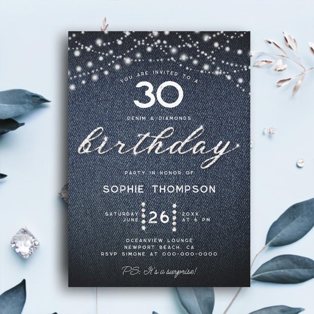 Denim Diamonds Rustic Lights 30. Geburtstag Party Einladung (denim diamonds 30th birthday invitation women rustic lights elegant modern classy modern boho)