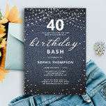 Denim Diamonds Rustic Lights 40. Geburtstag Party Einladung<br><div class="desc">Eine schlichte, moderne, elegante und schicke 40. Geburtstagsschablone mit blauem Denim-Hintergrund, das Wort BIRTHDAY mit weißen Diamanten (simuliert, nicht mit echten Diamanten) und mit moderner Kalligraphie-Schrift, rustikale Typografie in Weiß, sowie rustikale Saitenleuchten. Ein schicker "Denim and Diamonds" Design für eine Frau jeden Alters, an ihrem 40. Geburtstag. Es kann für...</div>
