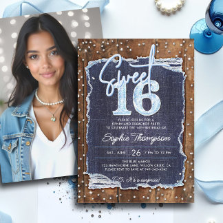 Denim Diamonds Rustic Wood Elegantes Foto Sweet 16 Einladung