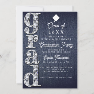 Denim Diamonds Script Blue Jeans Graduation Party Einladung