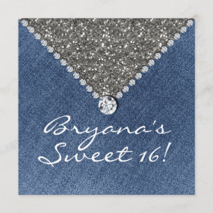 Denim Diamonds Silver Glitzer Sweet 16 Einladung