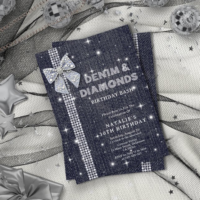 Denim & Diamonds Sparkling Navy Bow Birthday Party Einladung (Denim & Diamonds Sparkling Navy Bow Birthday Party Invitation)