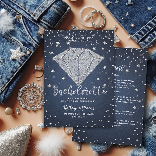 Denim Diamonds Stars Junggeselinnen-Abschied Route Einladung (denim and diamonds bachelorette party itinerary invitation template elegant classy modern chic)