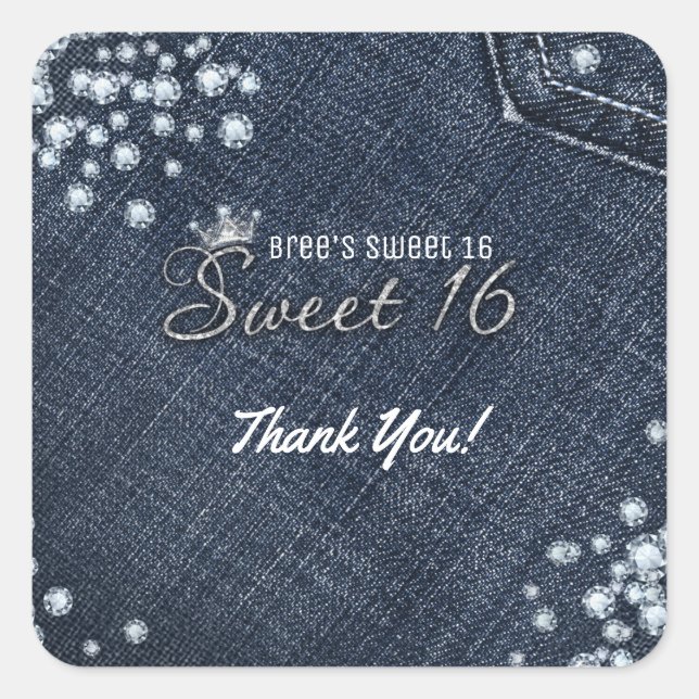 Denim & Diamonds Sweet 16 Crown Gastgeschenk Quadratischer Aufkleber (Vorderseite)