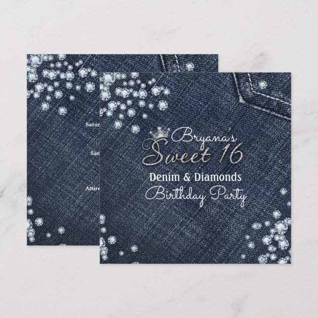 Denim & Diamonds Sweet 16 Crown Party Einladungen (Vorne/Hinten)
