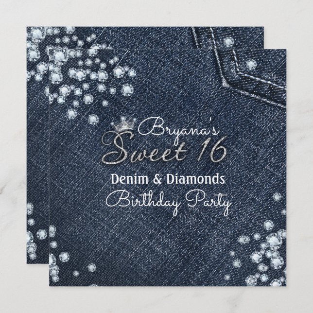 Denim & Diamonds Sweet 16 Invitations de la Couron (Devant / Derrière)