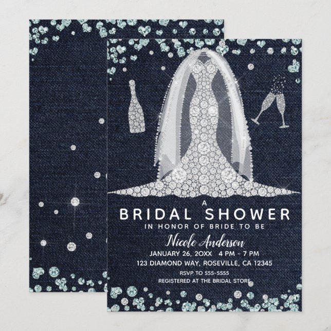 Denim & Diamonds Wedding Dress Brautparty Glam Einladung (Vorne/Hinten)
