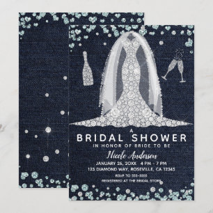 Denim & Diamonds Wedding Dress Brautparty Glam Einladung