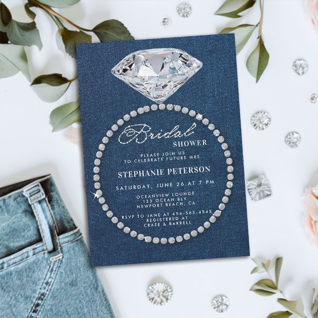 Denim Diamonds Wedding Ring Elegantes Brautparty Einladung (denim and diamonds bridal shower invitation big sparkler ring classy stylish chic modern romantic)