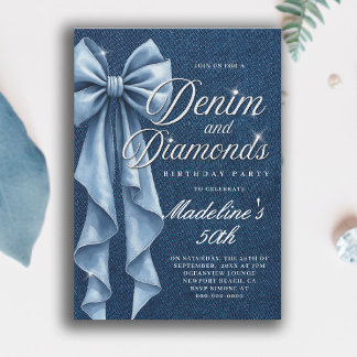 Denim Diamonds Weiß Blau Schleife Glam 50. Geburts Einladung