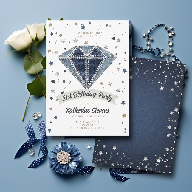 Denim Diamonds White Blue Glitzer 21. Geburtstag Einladung (denim diamonds 21st birthday party invitation women white blue jeans rhinestones glitter stars class)