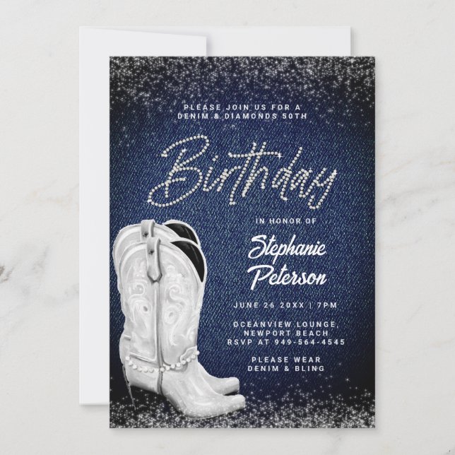 Denim Diamonds White Cowgirl Boots 50. Geburtstag Einladung (Vorderseite)