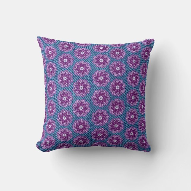 Dénim effet et fleurs violettes bleu coussin (Recto)