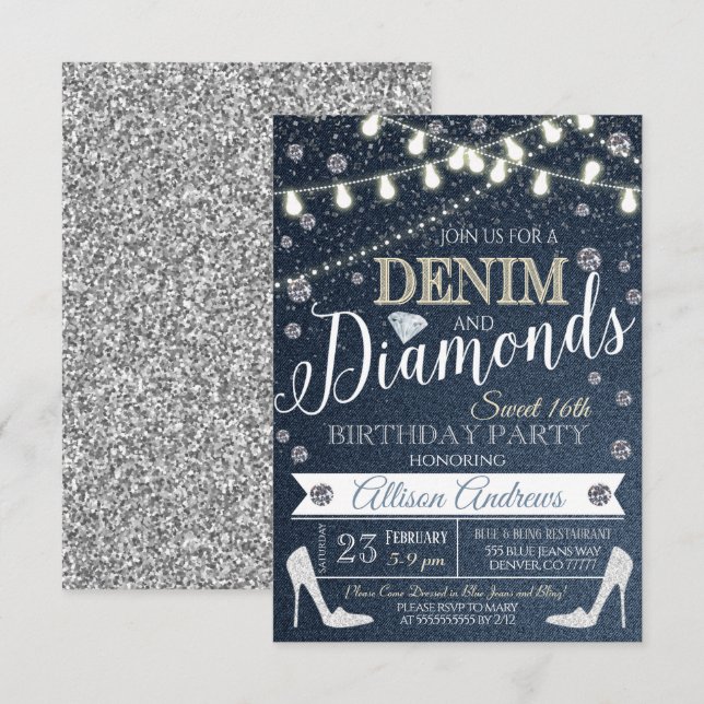 Denim et Diamonds Invitation de fête d'anniversair (Devant / Derrière)