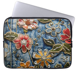 Denim Florals bestickt in Gelb, Rot und Blu Laptopschutzhülle