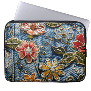 Denim Florals bestickt in Gelb, Rot und Blu Laptopschutzhülle