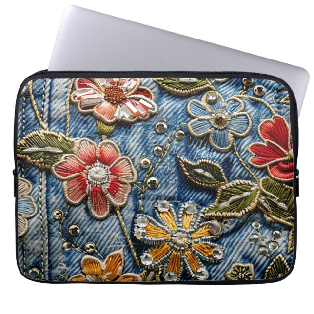 Denim Florals bestickt in Gelb, Rot und Blu Laptopschutzhülle (Vorderseite)