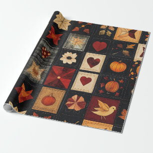 Denim Folk Art Quilt Muster   Rustikales Herbstpfl Geschenkpapier