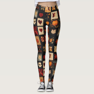 Denim Folk Art Quilt Muster   Rustikales Herbstpfl Leggings