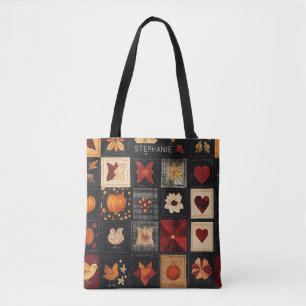 Denim Folk Art Quilt Muster Rustikales Herbstpfl Tasche