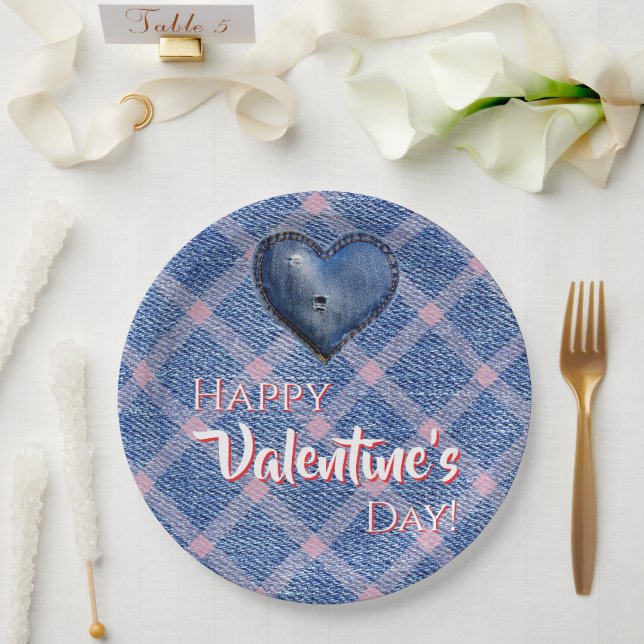 Denim Heart Valentine's Day Party Plaid  Pappteller (Hochzeit)