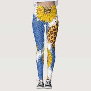 Denim Hearts Leopard Sunflowers Muster Leggings